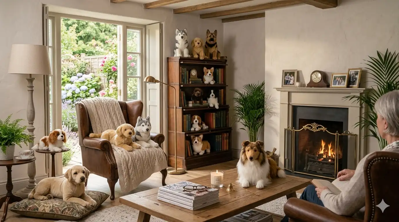 Collectible plush dogs displayed in a cosy modern home interior