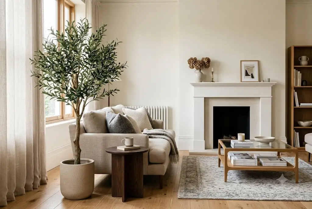 Large big artificial house plants styled in a contemporary UK living room with elegant home décor.