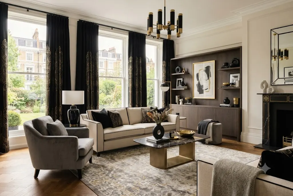 Elegant black and gold curtains styled in a contemporary UK living room with luxury décor.