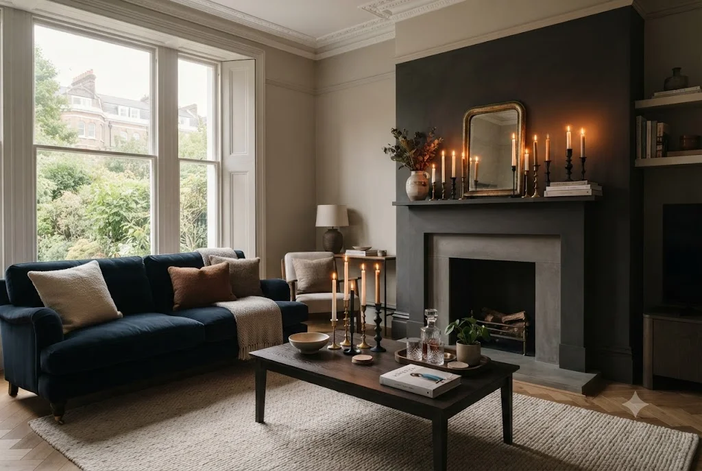 Stylish candle stick holders displayed on a contemporary fireplace in a UK home.