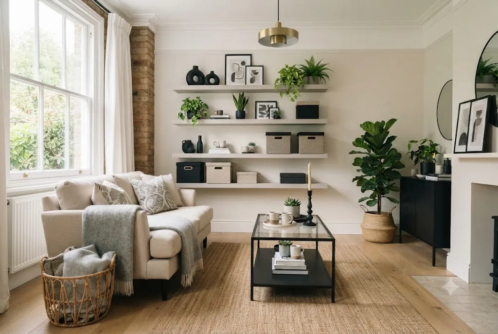 Affordable cheap homeware styled in a modern UK living room with decorative accessories.