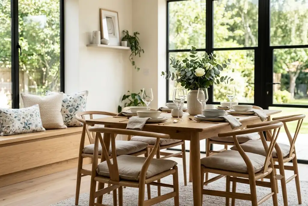 Modern dining chair cushion styling in a contemporary UK dining room.