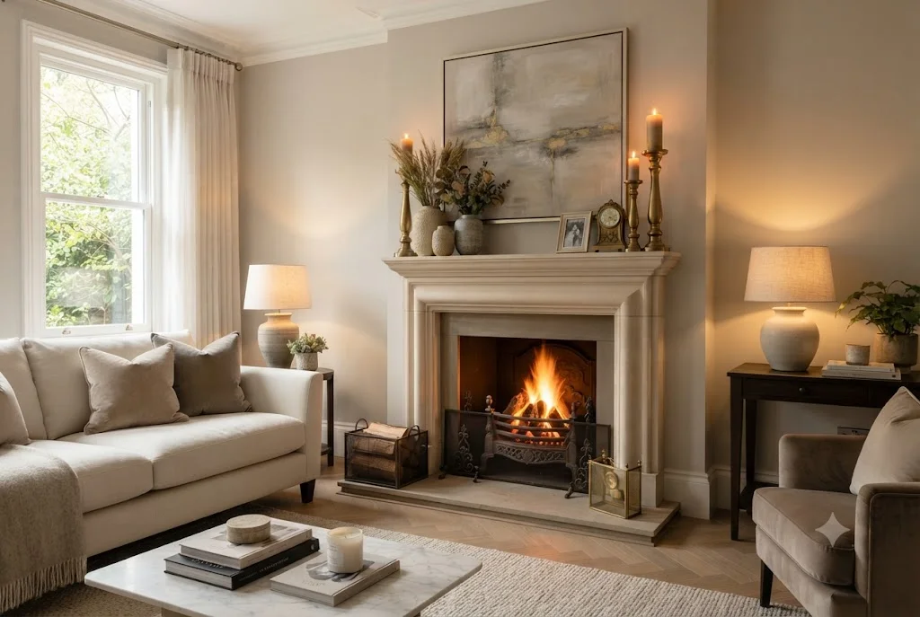 Elegant fireplace ornaments displayed on a modern UK mantel with decorative candle holders.