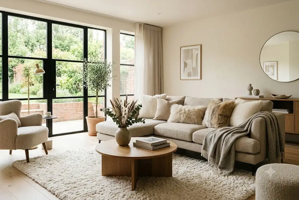 Luxury fluffy rugs for living room styled in a contemporary UK interior with coordinating cushions and throws.