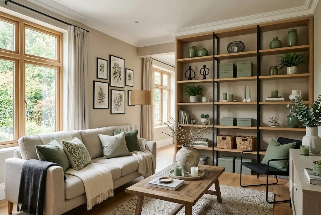 Elegant green home accessories styled in a contemporary UK living room with decorative storage boxes and modern home décor.