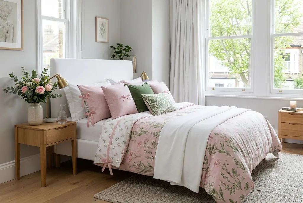 Elegant pink and green bedding styled in a contemporary UK bedroom with matching decorative cushions.
