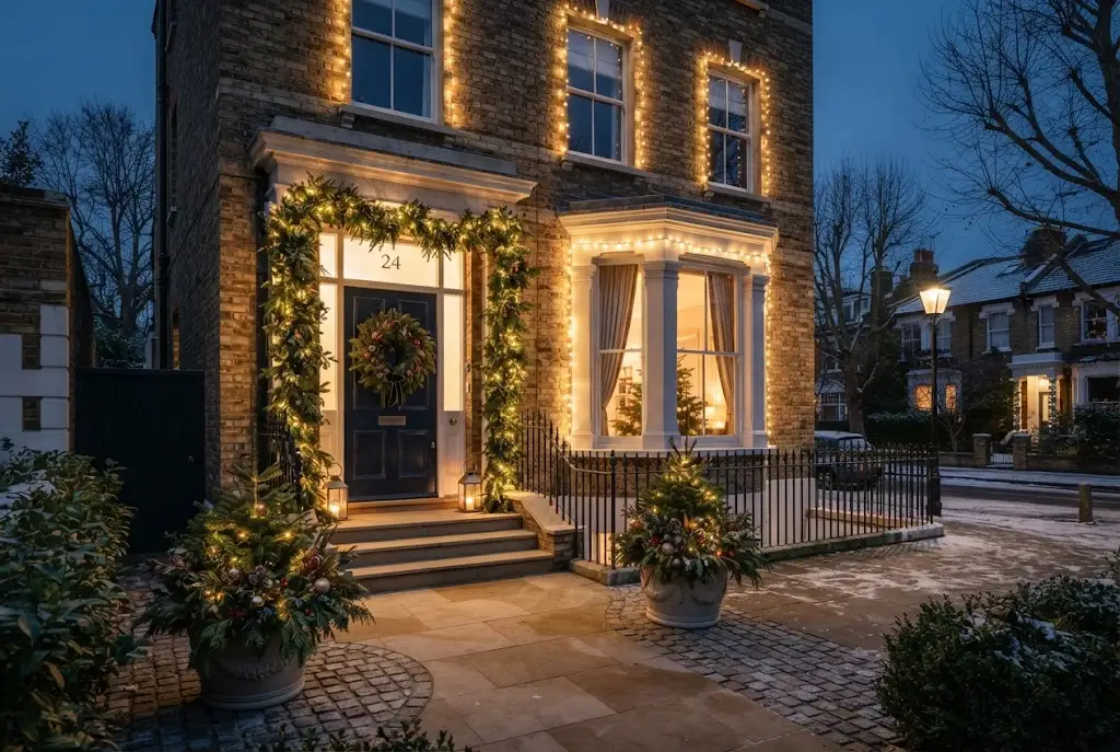 Decor Christmas outdoor display with lights and greenery on a UK house