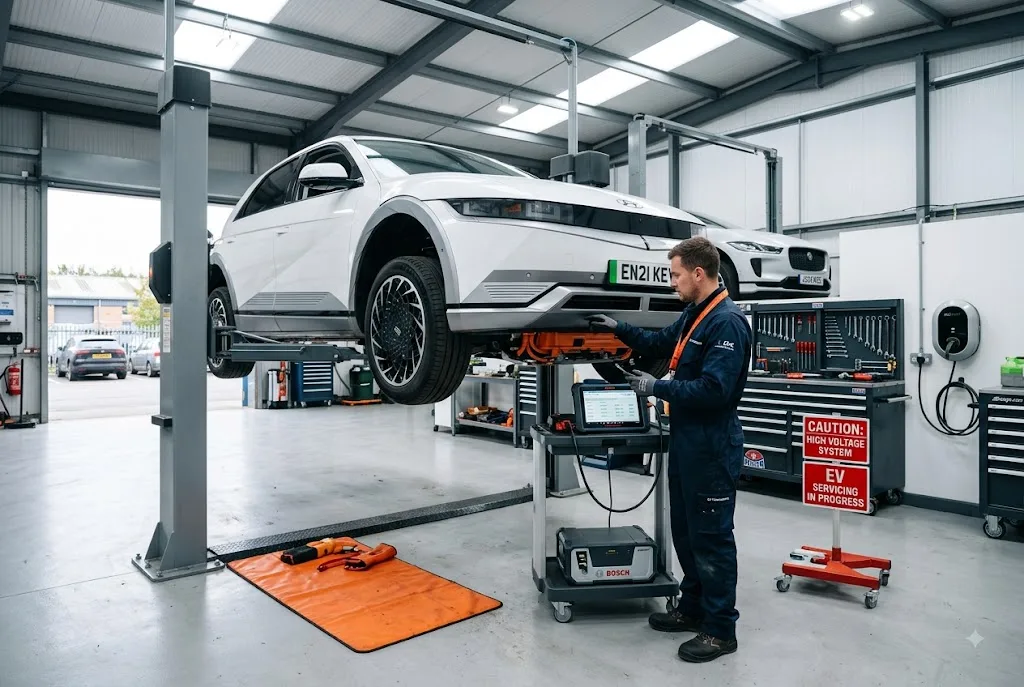 EV servicing and battery inspection on an electric car in a UK workshop
