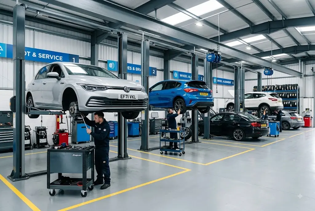 Garage chains providing vehicle servicing and repairs at a UK automotive workshop