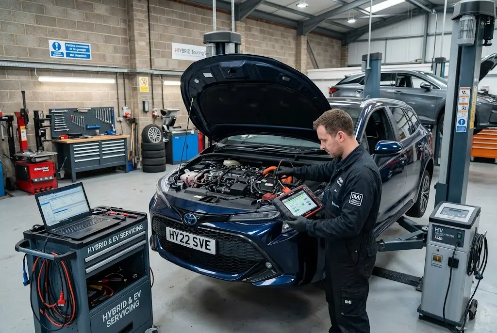 Hybrid servicing inspection on a modern hybrid car in a UK automotive workshop