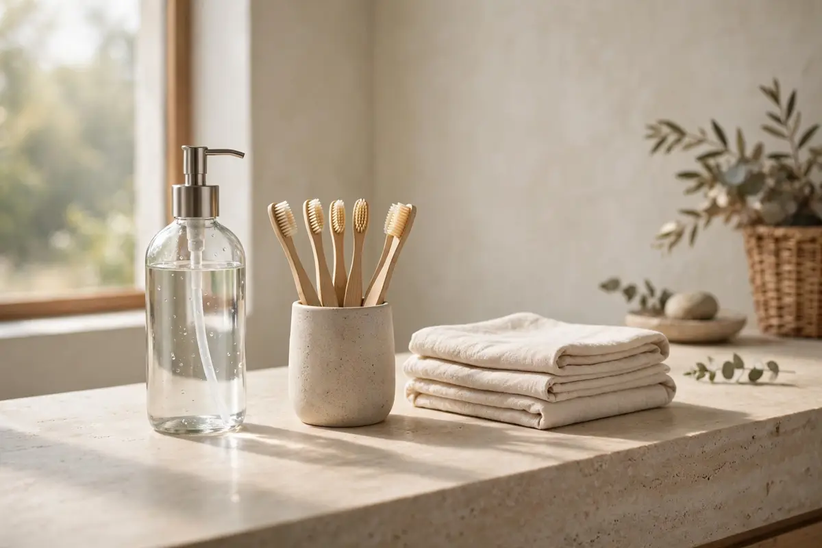 Sustainable beauty products in refillable packaging, illustrating sustainable beauty choices for a lower-waste routine
