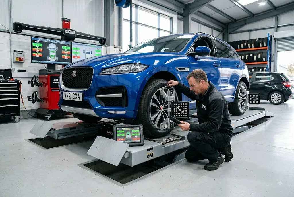 Wheel alignment service being performed on a car in a UK automotive workshop