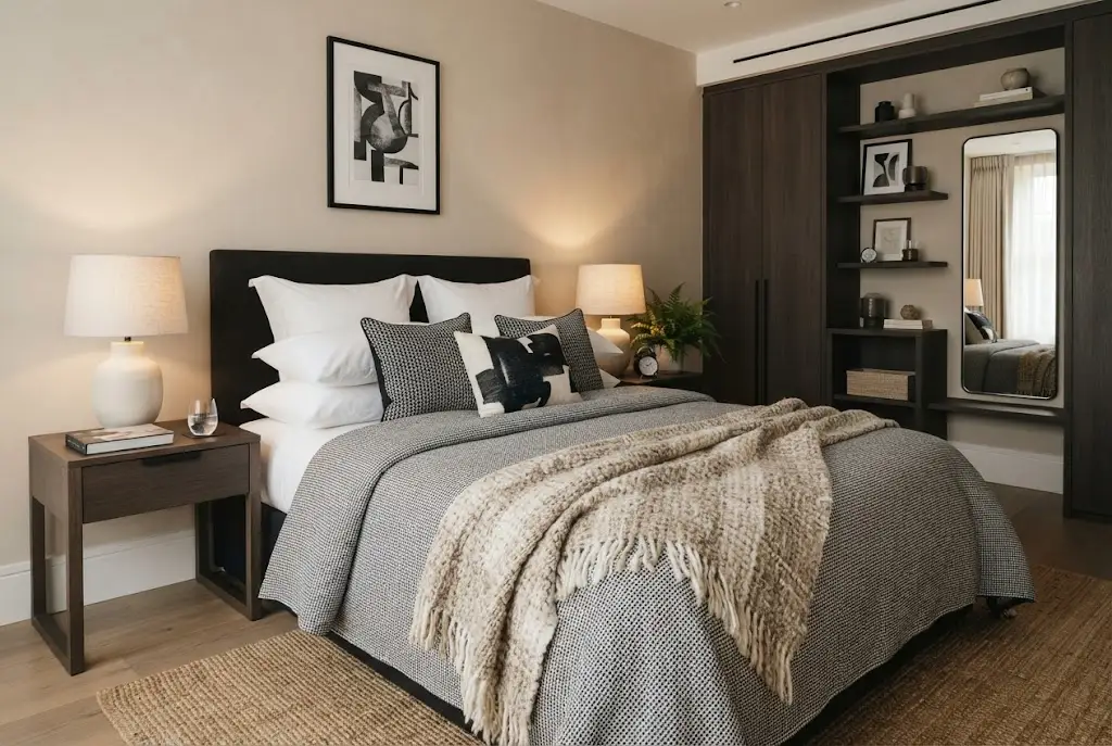 Black and white bedding with decorative cushions in a modern bedroom