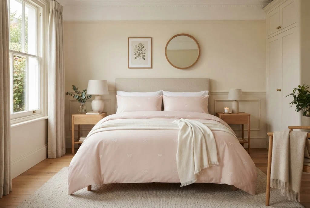 Bow bedding with pink decorative pillows in a stylish bedroom