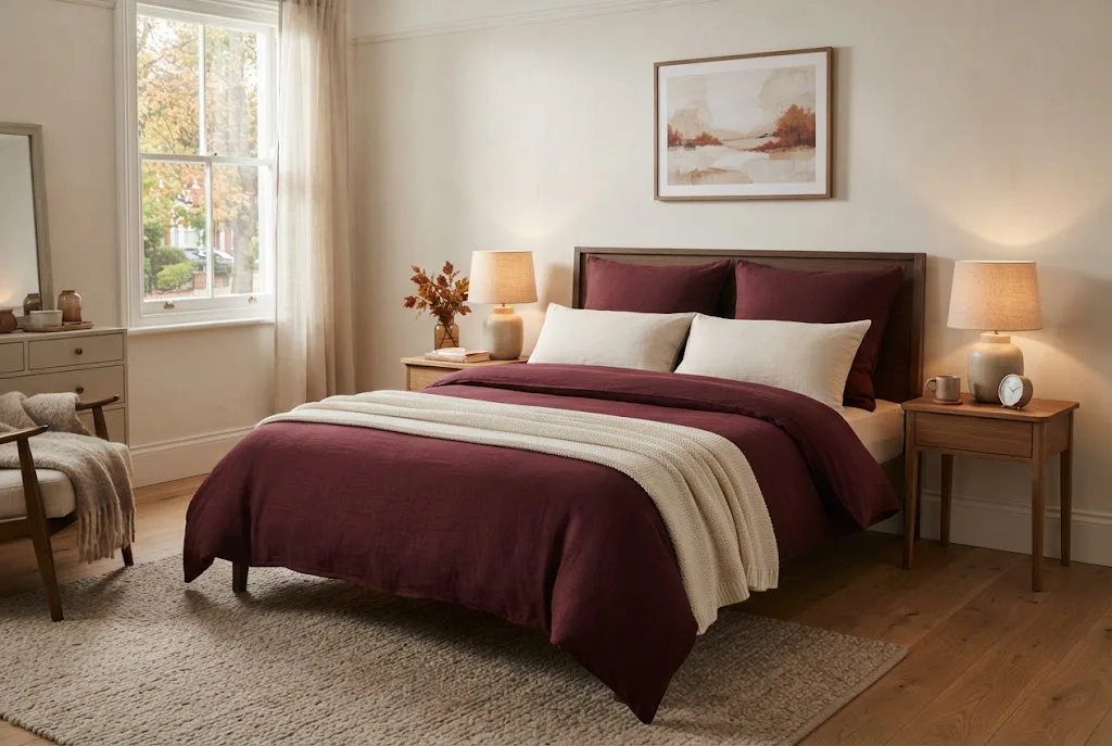 burgundy bedding styled in a cosy autumn bedroom