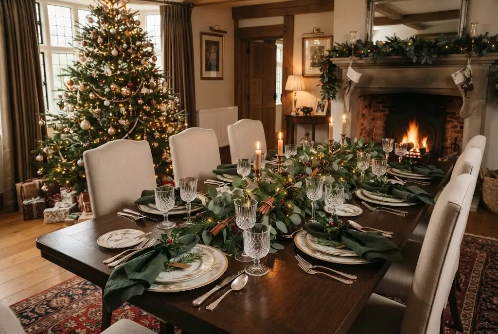 Christmas tableware arranged on a stylish UK dining table