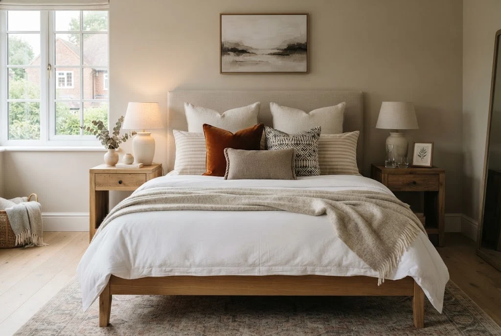 decorative pillows layered on a stylish modern bedroom