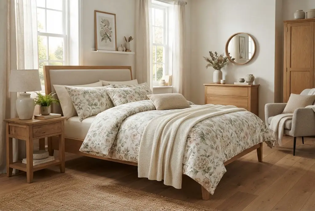 Floral bedding with decorative pillows and cushions in a stylish bedroom