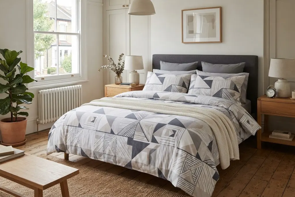 geometric bedding styled in a modern UK bedroom