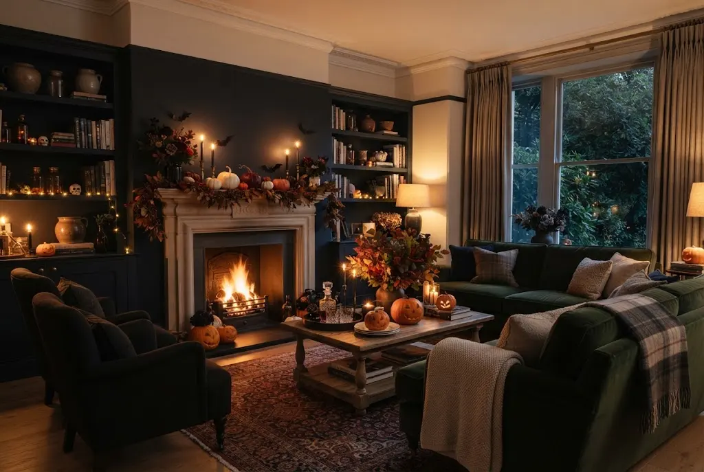 Halloween house decorations in a stylish UK living room