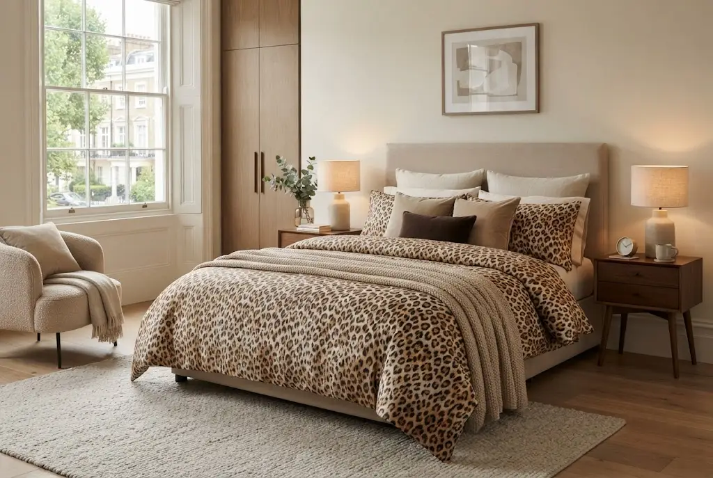 leopard bedding styled in a sophisticated modern bedroom