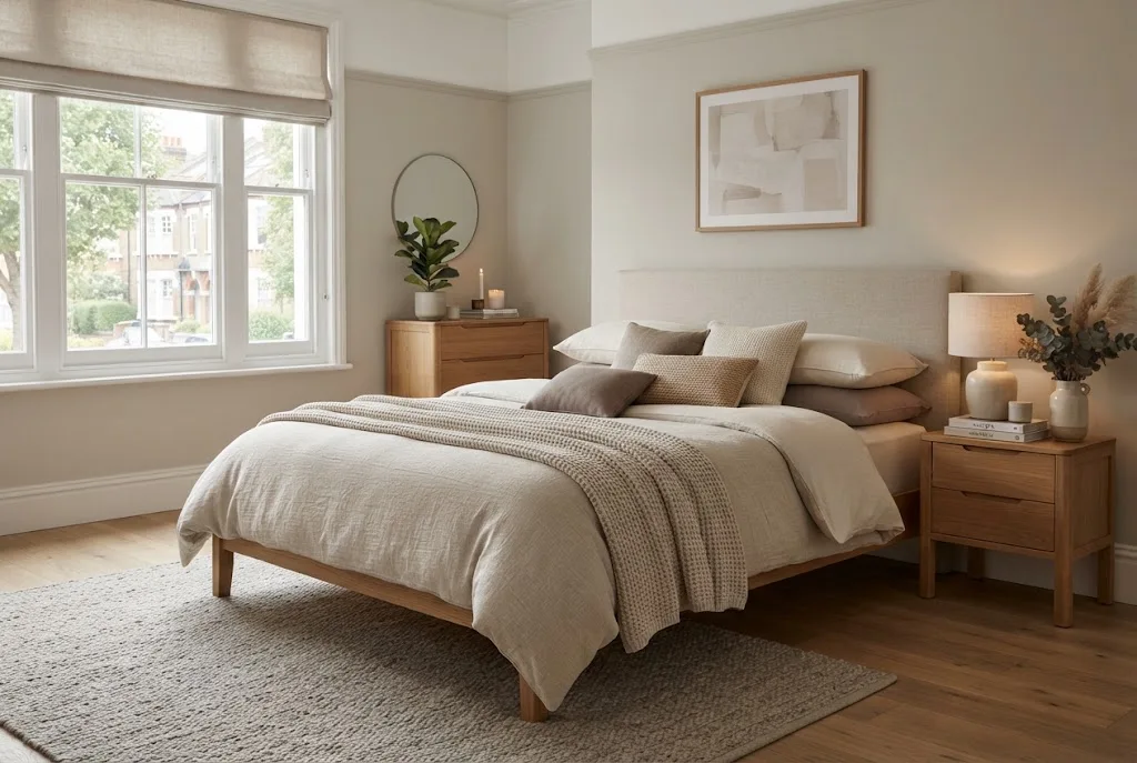Neutral bedding sets in beige and brown styled bedroom