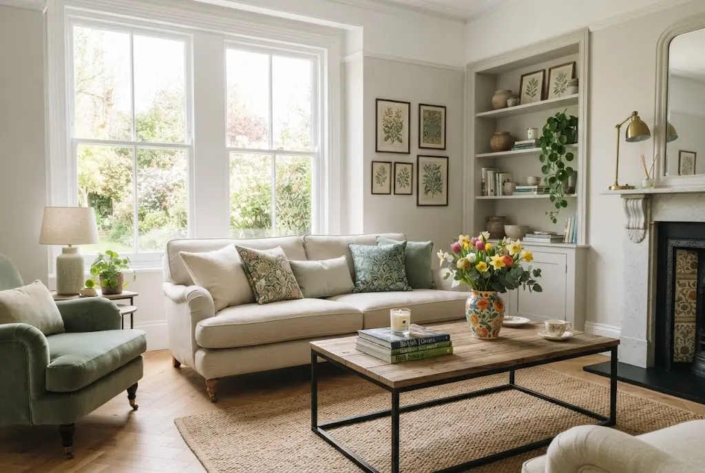 Spring home decor with floral cushions and green accents