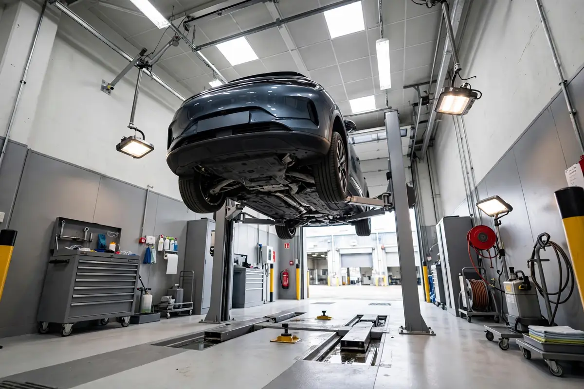 A car on a ramp during MOT and service checks at a UK test centre